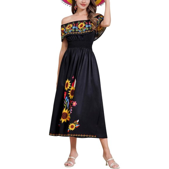 Off Shoulder Mexican Dress Floral Sunflower Fiesta Maxi Casual for Women - Picture 1 of 6